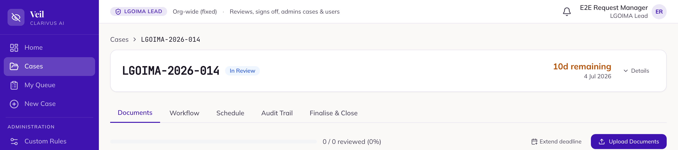 The case lifecycle progression row showing Intake → Processing → In review → Sign-off → Released