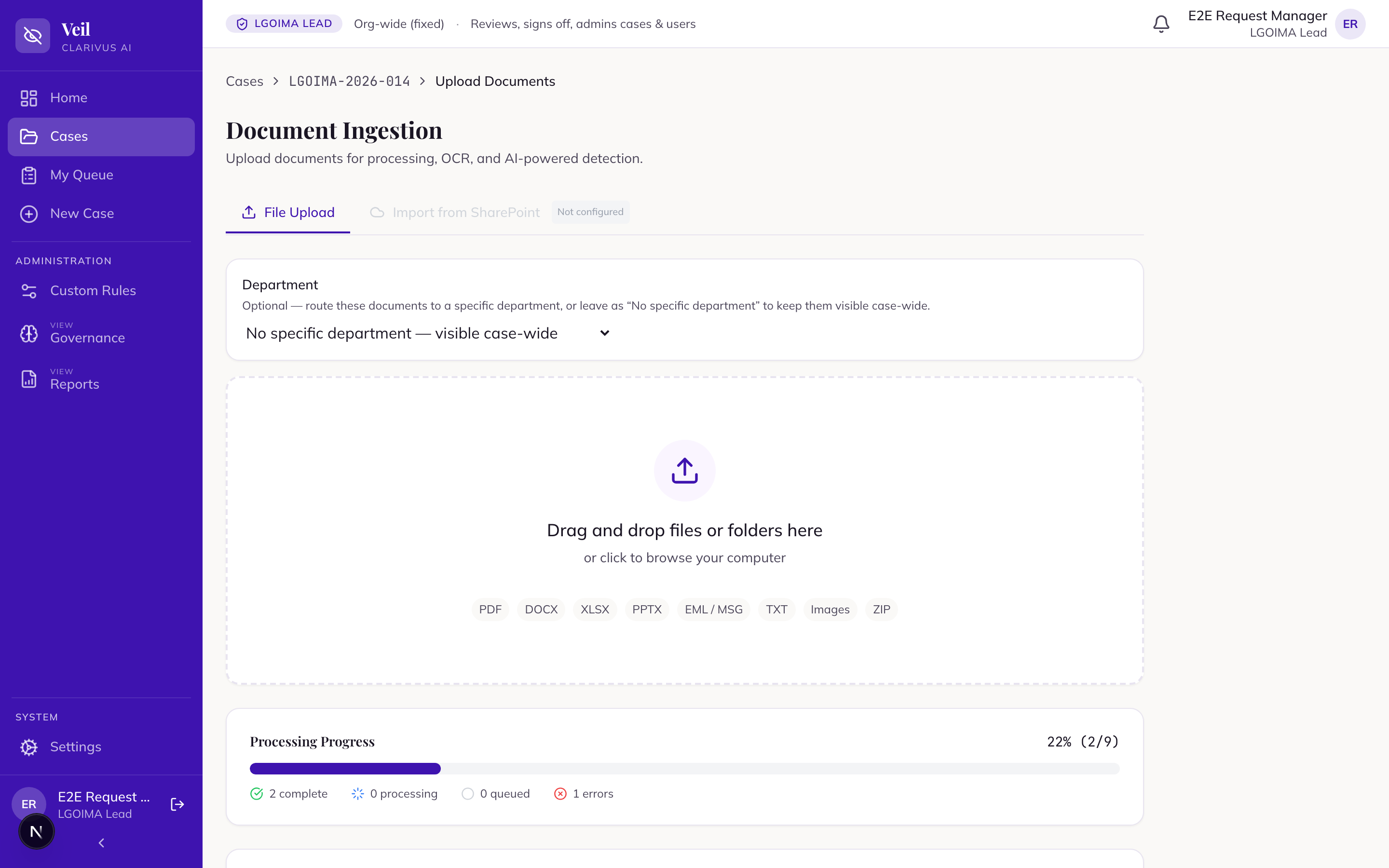 The Document Ingestion dropzone with format badges and the Processing Queue list