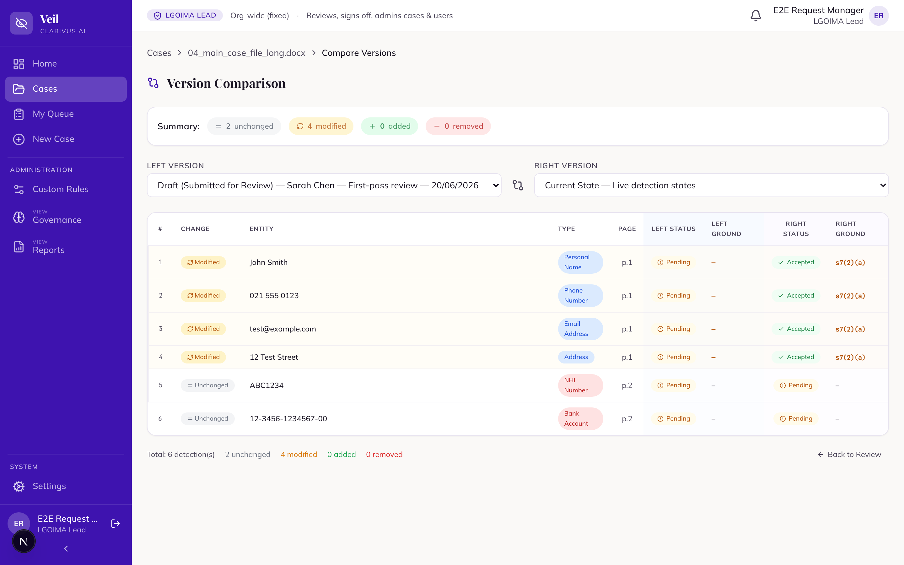 The Version Comparison screen — Left and Right version selectors and the detection diff table with change badges and ground columns