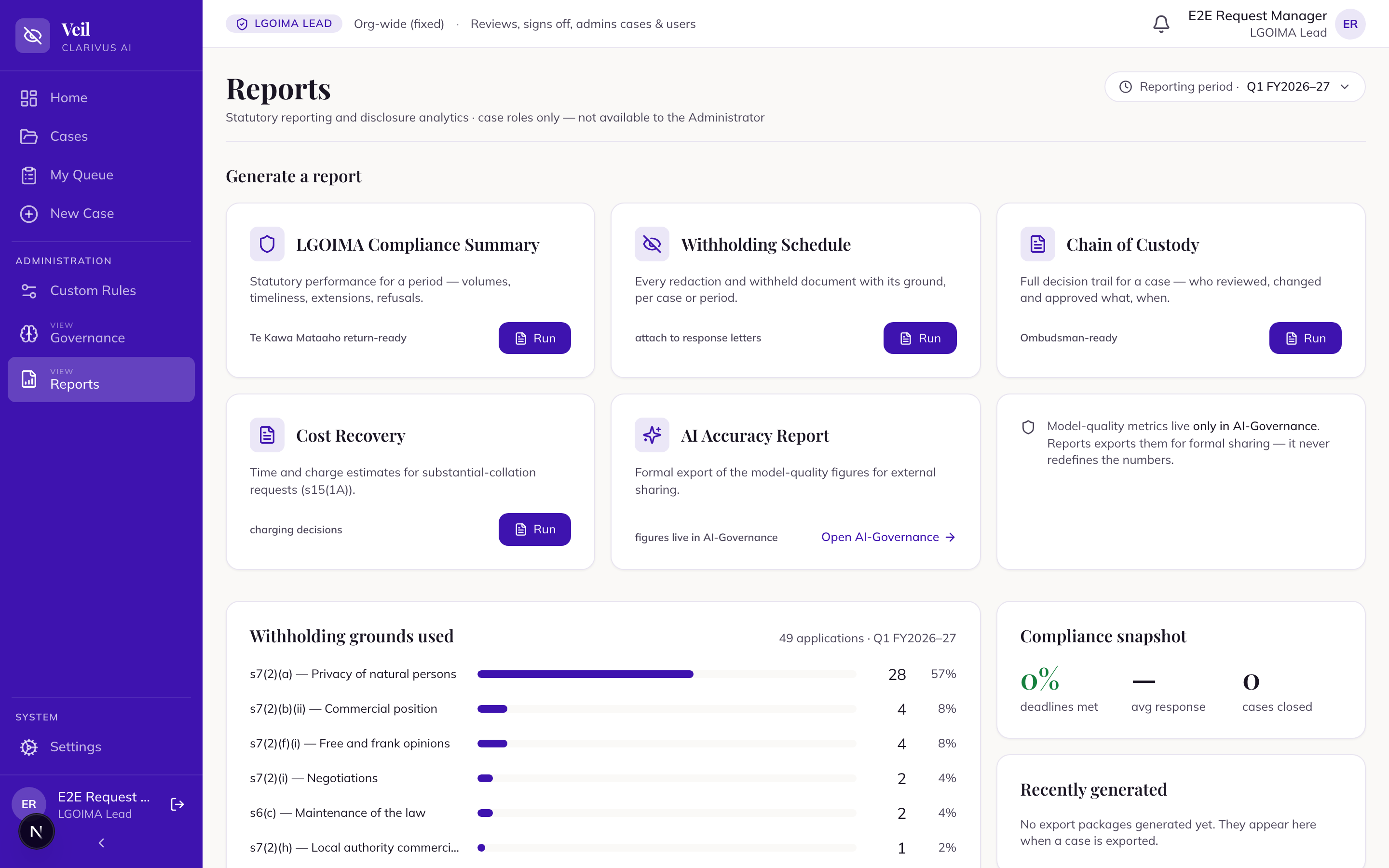 The Reports screen — the Generate a report cards and the reporting-period selector